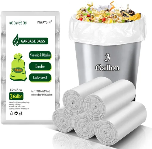 Vista 14 de Pequeñas bolsas de basura compostables – Mini bolsa de basura biodegradable de 1.2 galones, sin fragancia y fácil desgarre, a granel, forros