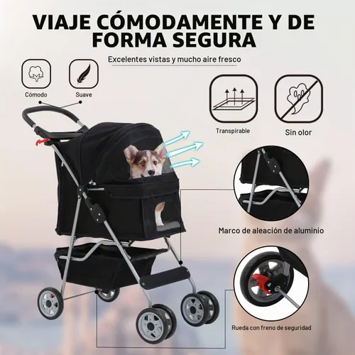 Vista 3 de Cochecito de perro de 4 ruedas, cochecito para mascotas, gatos, plegable, impermeable, con soporte para tazas y forro extraíble, cochecitos