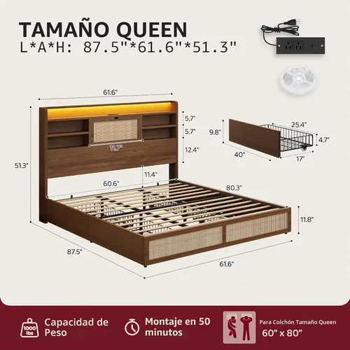 Vista 2 de BRELTAM Marco de cama de ratán tamaño Queen con 4 cajones de almacenamiento y cabecera de almacenamiento oculto, marco de cama de plataforma