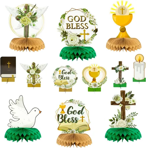 Vista 8 de ANGOLIO 12 centros de mesa de bautismo en forma de panal de abeja, decoración de fiesta de cumpleaños, decoración de verano azul morado con Dios