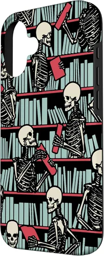 Vista 2 de iPhone 16 Bookish Public Library Skeleton Goth Librarian Books Pattern Case