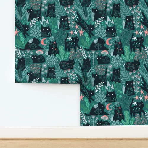 Vista 4 de Spoonflower Papel tapiz para despegar y pegar, diseño de gatos del bosque verde, hada, elfos, gatito, verano, primavera, gatito, bebé, niño, papel