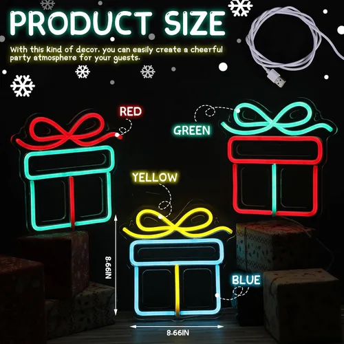Vista 2 de ROCEEI 3 letreros de neón de Navidad, caja de regalo de luces de neón, barra de pared LED USB, decoración de sala de estar para fiesta de invierno