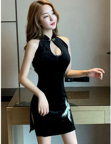 Vista 5 de Las mujeres chinas Cheongsam vestido ahueca hacia fuera sexy mini delgado lado Split soporte cuello ojo ojo negro bordado Qipao Bodycon