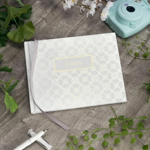 Vista 2 de Global Printed Products Libro de invitados de boda, 9"x7", blanco con lámina dorada
