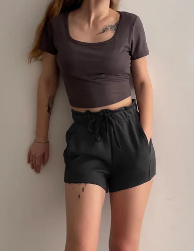 Vista 5 de PINSPARK Pantalones cortos deportivos para mujer, cintura alta, con cordón, pantalones cortos de entrenamiento de verano, suaves, casuales