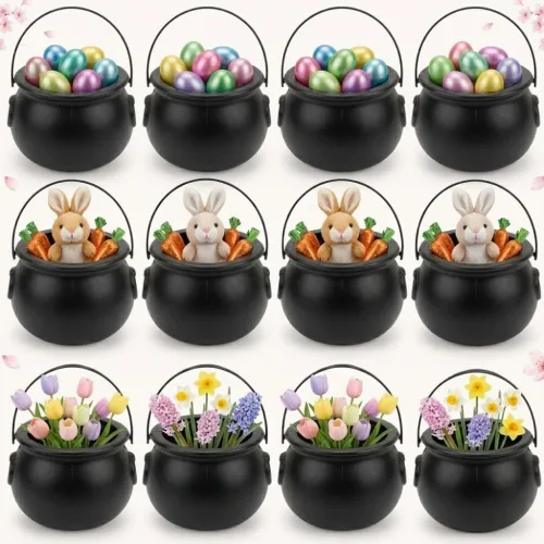 Vista 19 de PMU Caldero de Halloween 6 piezas de 3 pulgadas pequeño de bruja de plástico para caldero negro, para decoración de Halloween
