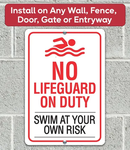 Vista 7 de Letrero de metal con texto en inglés «No Lifeguard on Duty, Swim At Your Own Risk– Uso en interiores y exteriores – Aviso de seguridad en el agua