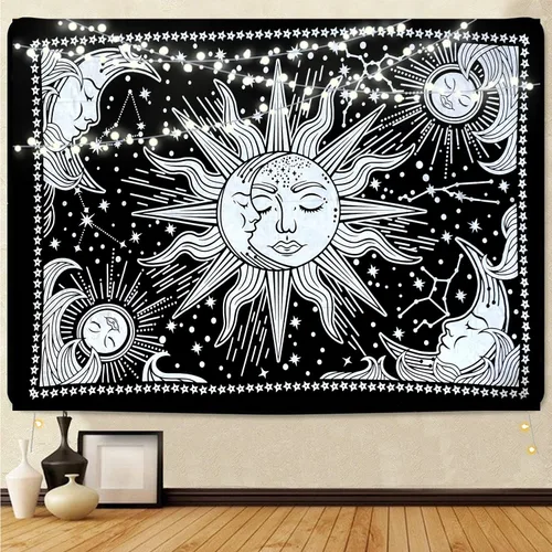 Vista 6 de ICC - Tapiz de sol y luna, tapiz de sol blanco y negro, sábana para colgar en la pared, decoración de habitación, tapices estéticos de arte místico
