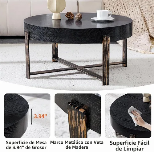 Vista 4 de Mesa de centro redonda de 30.7 pulgadas, mesas de centro modernas para sala de estar, mesa de té circular de madera con patas de metal