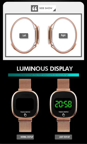Vista 7 de MASTOP Reloj digital electrónico LED unisex, correa de malla inoxidable, resistente al agua, fecha táctil, cierre magnético, dorado