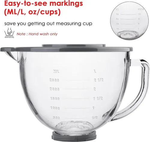 Vista 7 de Cuenco mezclador de vidrio accesorio de 5 cuartos de galón - Compatible con batidoras de pie KitchenAid de 4.5 y 5 cuartos de galón con cabezal