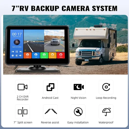 Vista 2 de Kit de sistema de cámara de respaldo 1080P, monitor de marcha atrás de 7 pulgadas con función de grabación de visión nocturna DVR Monitor 2 cámaras
