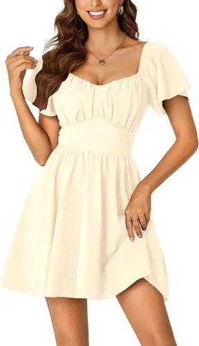 Vista 17 de Rooscier Minivestido acampanado de manga corta con volantes, cuello cuadrado, envolvente y espalda anudada para mujer