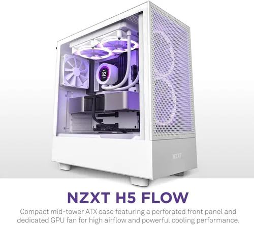 Vista 5 de NZXT H5 Flow Estuche compacto ATX para juegos de PC, torre media, alto flujo de aire, panel frontal perforado, panel lateral de vidrio templado