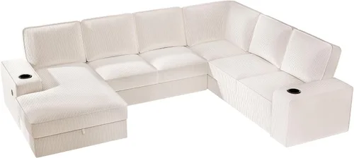 Vista 9 de PaPaJet Sofá en forma de U, sofá de gran tamaño de 112 pulgadas con diván de almacenamiento, sofá modular con portavasos y 2 puertos USB, sofá beige
