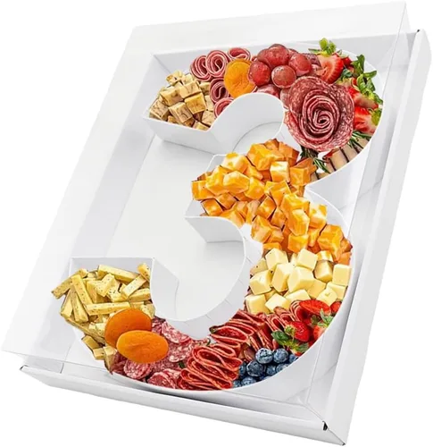 Vista 60 de Bandeja de papel rellenable de 12.5 pulgadas con números y letras de cartón, tablero de charcutería, bandeja para cupcakes dulces, caja decorativa