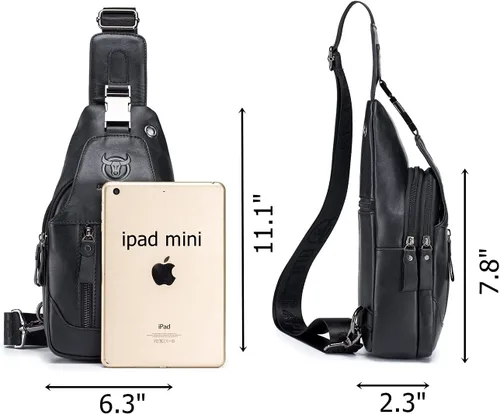 Vista 2 de BULLCAPTAIN Bolso cruzado de cuero genuino para hombre bolsas de pecho para viajes senderismo hombro Negro