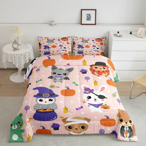 Vista 13 de Feelyou Juego de edredón de Halloween, color rosa fantasma, juego de ropa de cama tamaño individual, decoración para niños y niñas, lindo juego