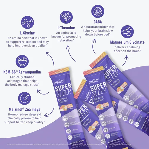 Vista 4 de Nello Supersleep - Mezcla de bebida de apoyo para dormir nocturno, Ashwagandha, Maizinol, L-glicina, glicinato de magnesio, melocotón Dream
