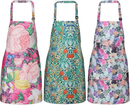 Vista 10 de Paquete de 3 delantales florales impermeables para mujer, correa ajustable con bolsillo, multiusos para cocina, arte, jardín