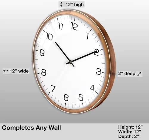 Vista 4 de Driini Reloj de pared analógico de cristal con cúpula (12 pulgadas), marco de madera con cara blanca, moderno, funciona con pilas y manos que