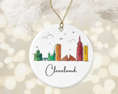 Vista 2 de Adorno de Cleveland, adorno de Navidad de monumentos de Navidad, colorido gráfico de horizonte de ciudad, nuevos regalos para Navidad impresos