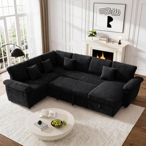 Vista 12 de Sofá cama modular de 110 pulgadas con cama extraíble, diván de almacenamiento y carga USB, sofás seccionales de pana de felpa en forma de U beige