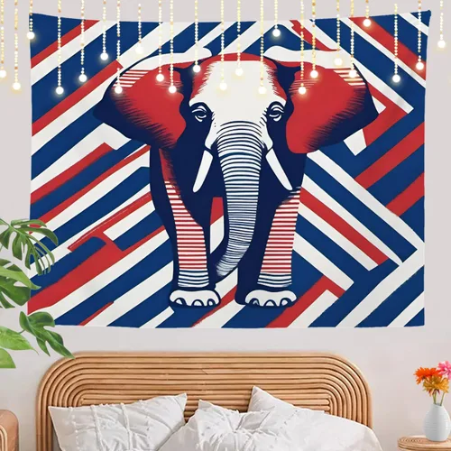 Vista 7 de Shrahala American Republican Elephant Tapestry, Red Navy Blue Striped Background Wall Hanging Hd Print Polyester Backdrop For Dorm Room Bedroom 30 X