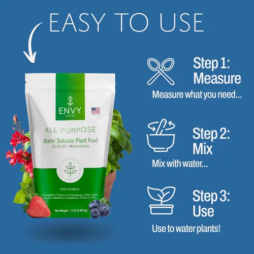 Vista 4 de ENVY Fertilizante para plantas multiusos, 0.5 libras, hace 50 galones, para plantas de interior y exterior, seguro para mascotas, soluble en agua