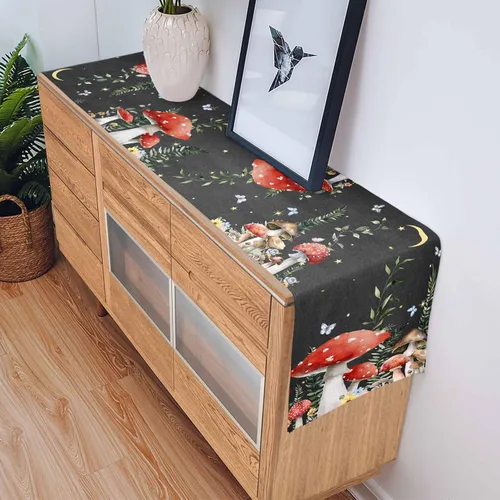 Vista 5 de Camino de mesa de lino y algodón con hongos de granja, luna nocturna y estrellas, bufanda negra de 13 x 60 pulgadas, lavable para cocina, comedor