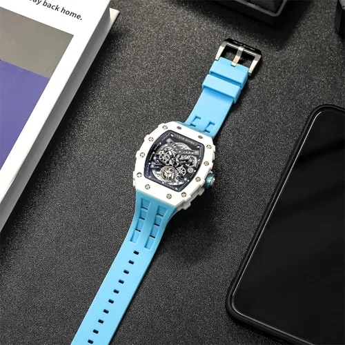 Vista 3 de Watch for Men, Automatic Skeleton Mechanical Mens Watch, 50M Waterproof Luxury Tonneau Square Big Face Dial Watch with SiliconeFluoroelastomer Watch