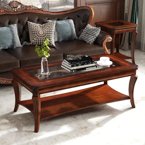 Vista 15 de Mesa auxiliar tradicional con estante de almacenamiento y patas talladas, mesas de sala de estar de granja, mesa central rectangular de madera