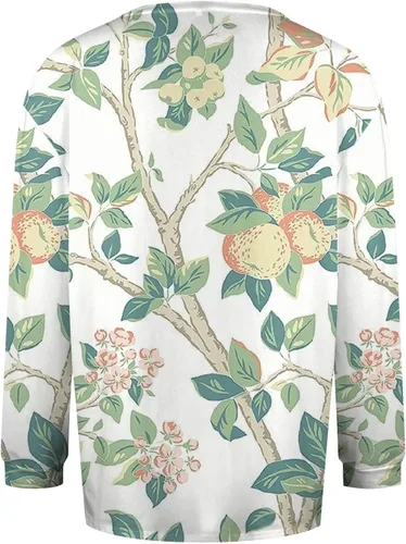 Vista 4 de Sudadera de manga larga para mujer, casual, cuello redondo, de gran tamaño, con botones, ajuste holgado, estilo vintage, casual, de algodón