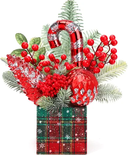 Vista 9 de Pequeño árbol de Navidad de mesa artificial, mini decoraciones de árbol de Navidad con adornos navideños, bayas rojas, piñas, vegetación para hogar