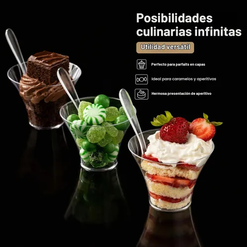 Vista 4 de Mini vasos de postre de plástico triangulares con cucharas, paquete de 96