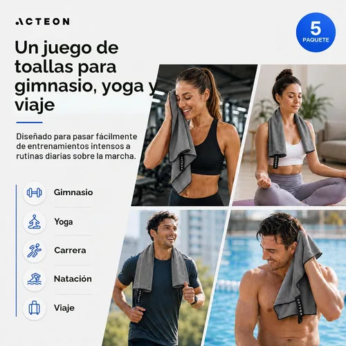 Vista 9 de Acteon Toalla de gimnasio de microfibra de secado rápido, paquete de 5 unidades, fibra absorbente sin olor, secado rápido, equipo de entrenamiento