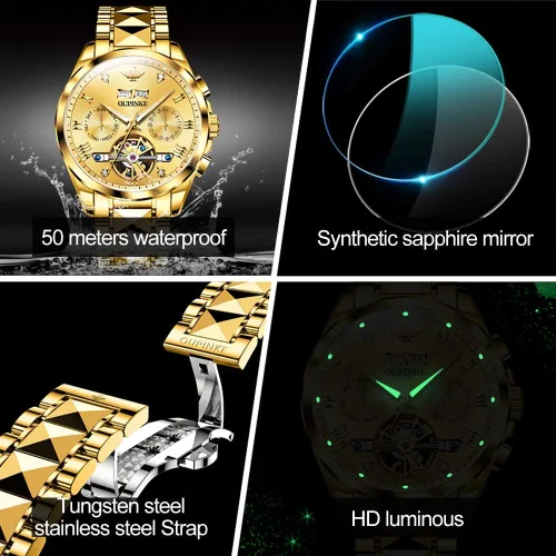 Vista 6 de OUPINKE Gold Men Automatic Mechanical Wrist Watches Luxury Dress Tungsten Steel Luminous Waterproof Sapphire Diamond Calendar Best Gifts Men