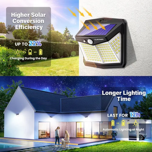 Vista 3 de CLAONER - Luces solares para exteriores, [128 LED/8 paquetes], luces solares con sensor de movimiento, 3 modos de trabajo, luces de pared con ángulo