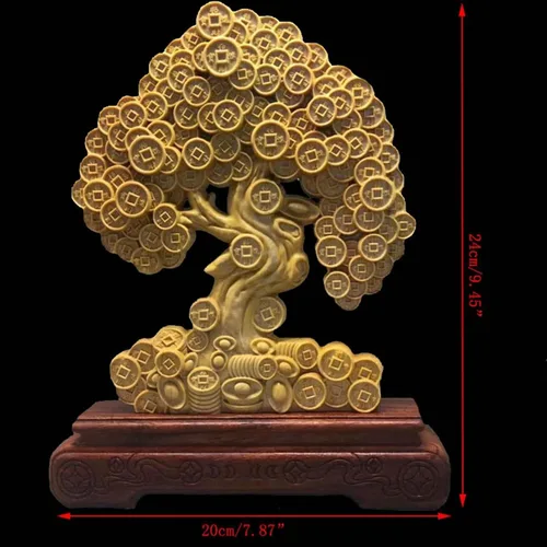 Vista 2 de Adornos de árbol de monedas para riqueza y suerte, escultura de árbol de dinero de madera maciza, decoración de oficina en casa, estatua de árbol