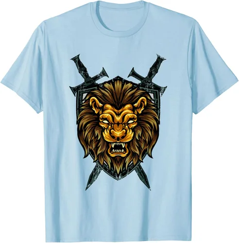 Vista 104 de Camiseta con diseño de caballero medieval renacentista, con diseño de espada de león, Negro, S