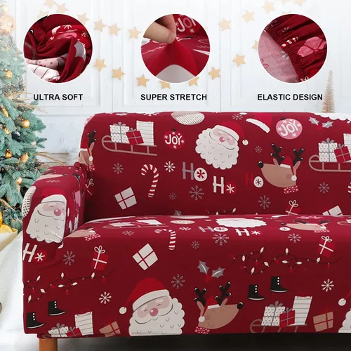 Vista 4 de Mybedsoul Funda de sofá de Navidad con estampado de Papá Noel, lavable, protector de muebles con parte inferior elástica, decoración navideña