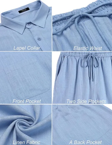 Vista 5 de COOFANDY Men 2 Piece Linen Set Casual Short Sleeve Shirt and Short Beach Set