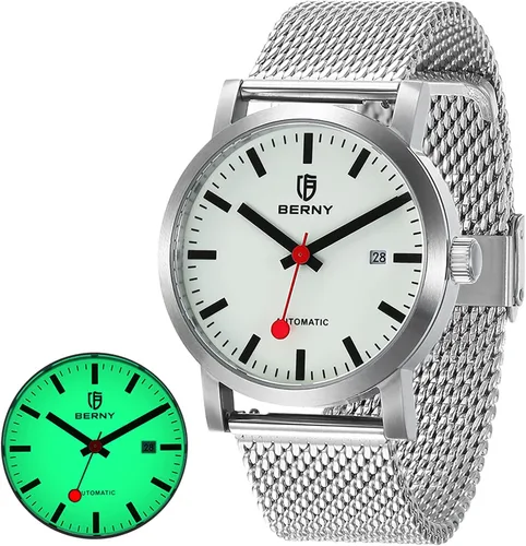 Vista 2 de BERNY Reloj automático clásico para hombre, reloj mecánico de cuerda automática MIYOTA 8215, correa de acero inoxidable, 5ATM, impermeable, esfera