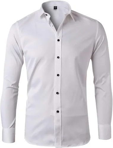 Vista 3 de FLY HAWK Camisas de vestir para hombre, ajuste delgado, manga larga, elástica, fibra de bambú, con botones