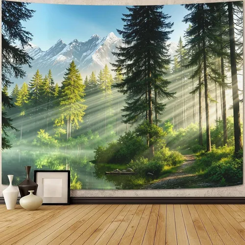 Vista 15 de Kanuyee Tapiz de bosque verde, tapiz de paisaje para pared, tapices de naturaleza para techo y pared, colgante para dormitorio, sala de estar