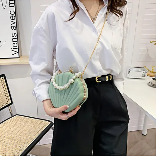 Vista 2 de Mini bolso de mano de noche de concha de mar para mujer, bolso con asa superior, correa de cadena, bolso cruzado