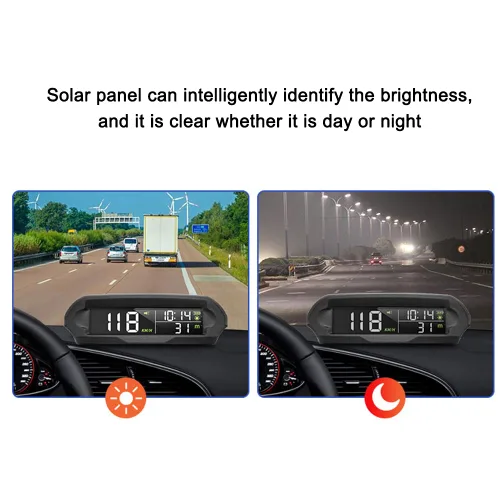 Vista 4 de Velocímetro solar digital para coche con pantalla LCD, visualización de cabeza arriba, alarma de exceso de velocidad, pantalla de KMH/MPH