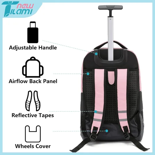Vista 6 de NEW TILAMI Mochila con ruedas de 19 pulgadas con bolsa de almuerzo para niñas y niños, mochila para laptop con ruedas, bolsa de mano duradera