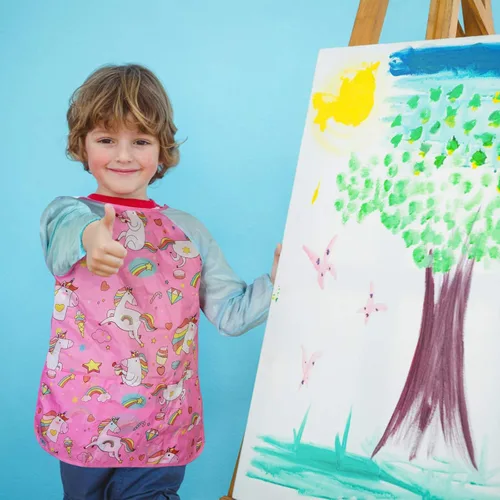 Vista 2 de Bassion Kids Art Smock Toddlers Painting Aprons Colorful Waterproof Children Artist Smock with Long Sleeve 3 Roomy Pockets